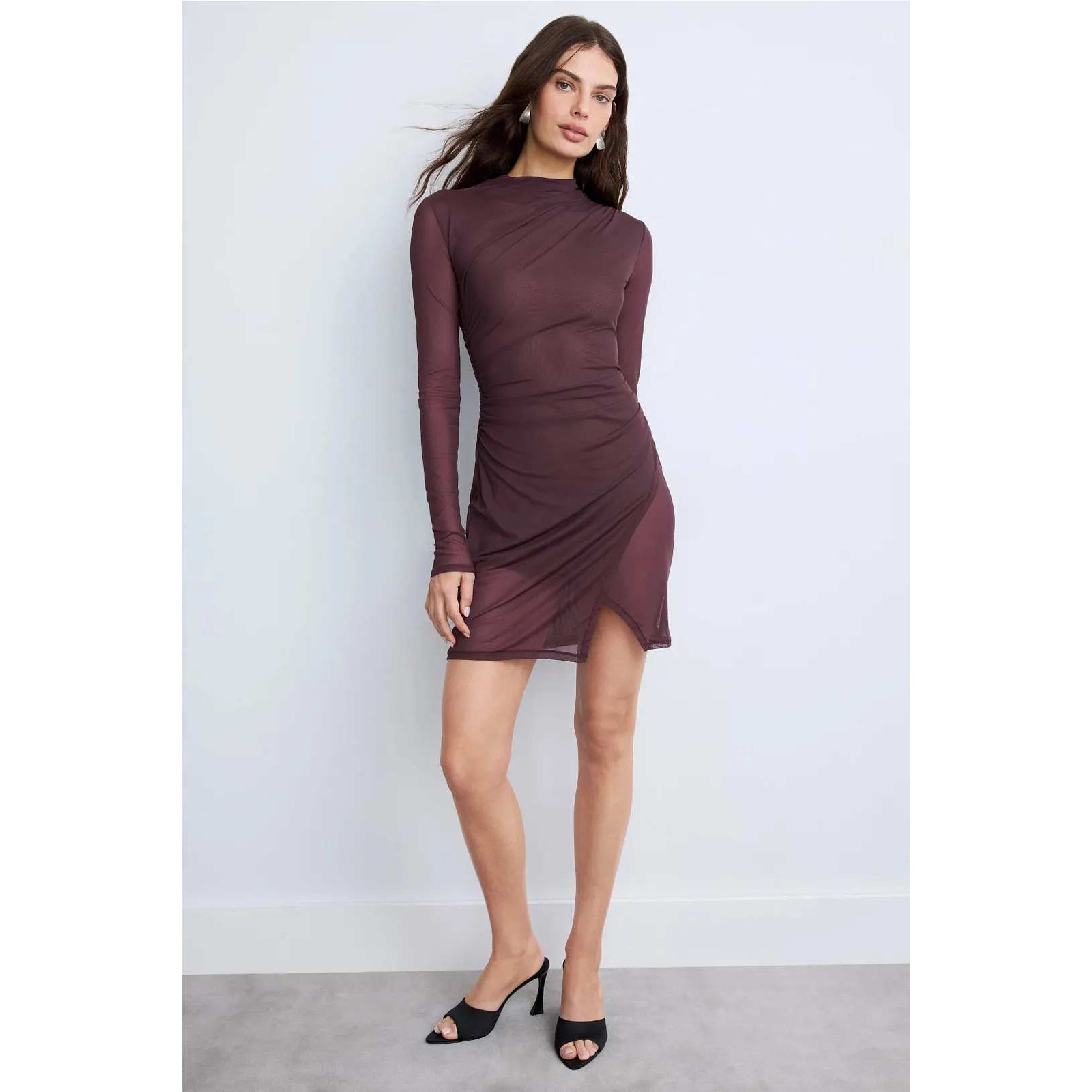 Lapointe Mesh Ruched Mock Neck Long Sleeve Mini Dress Plum Size M